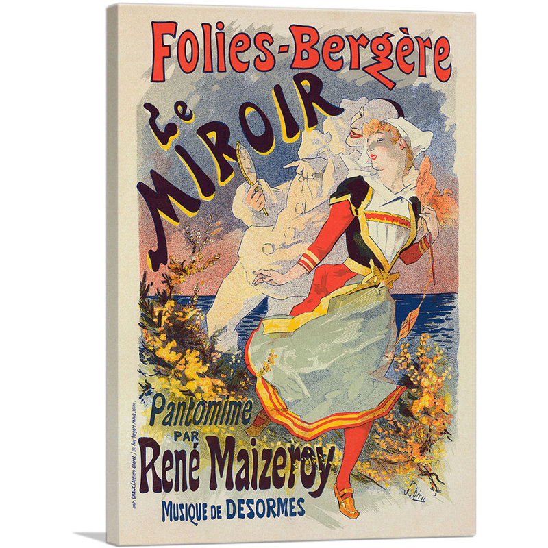 «Folies Bergere Le Miroir» par Jules Cheret - reproduction d'art sur toile tendue, H 40 po x l 26 po x P 0,75 po
