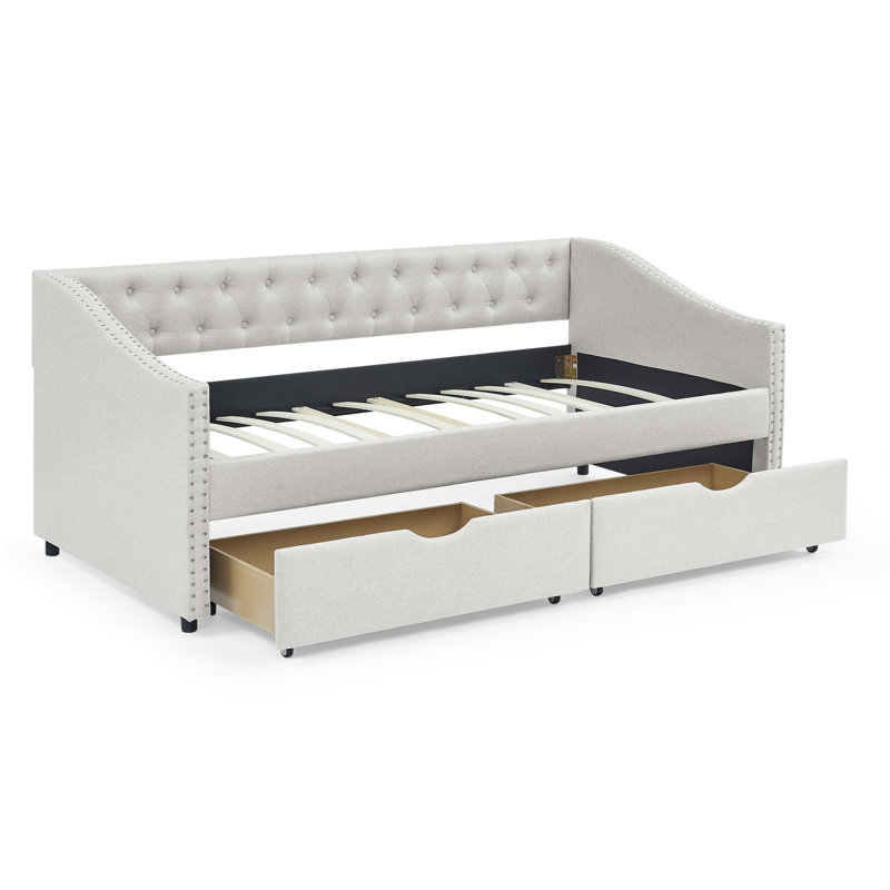 Lit de jour simple avec tiroirs, canapé-lit capitonné, avec bouton sur le dos et clou en cuivre sur les accoudoirs ondulés