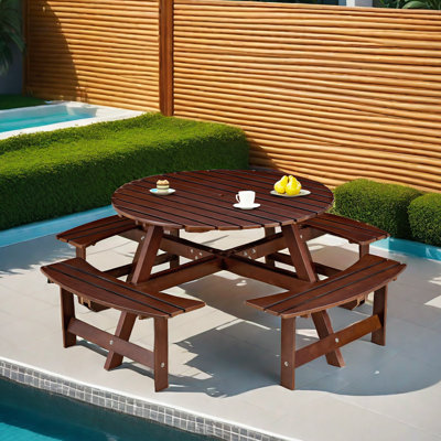Tanaiya Outdoor 8-Person Round Picnic Table with 4 Built-in Benches