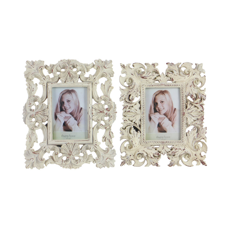 White Floral Embossed Tabletop and Wall Picture Frames Set