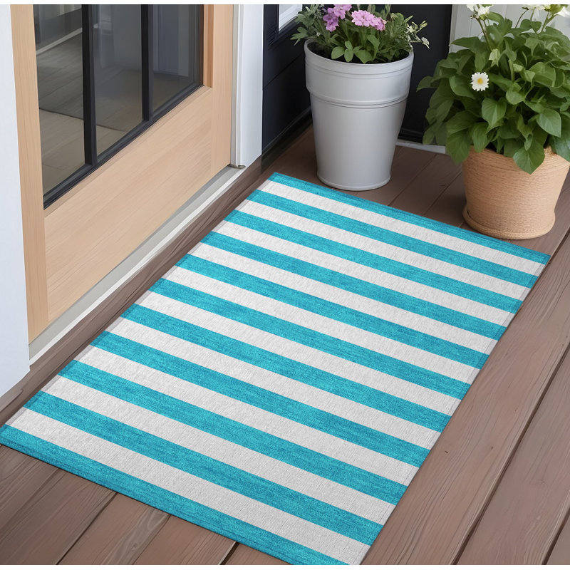 Tapis extérieur lavable rayé sarcelle et blanc 10 pi x 14 pi, Rectangulaire 3 pi x 5 pi
