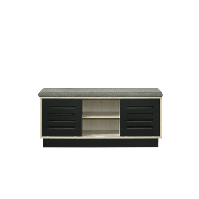 Brio 38.5"W Oak Finish Shoe Cabinet With Sliding Doors, Upholstered Top