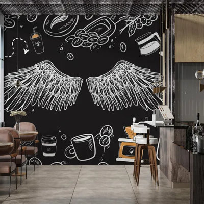 Papier peint moderne ailes d'ange café, croquis de style tableau noir pour décor de café et de restaurant