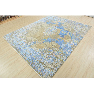Tapis bleu noué à la main de conception unique 7 pi 11 po x 9 pi 11 po Gader