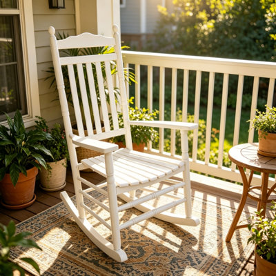 Chaise berçante blanche en bois massif blanc pour adulte, ensemble de 1, meubles de véranda avec accoudoirs à large siège, dossier à lattes, assemblage facile, capacité de poids de 280 lb