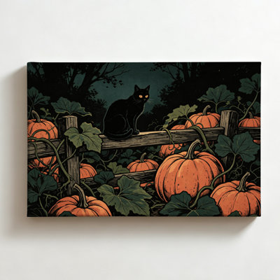 Chat noir sur une clôture en bois, gravure sur bois vintage, impression sur toile, décoration murale d'automne vintage pour salon ou chambre, 40,6 x 61 cm