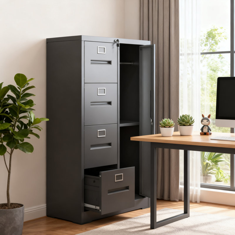 Classeur vertical en métal à 4 tiroirs avec verrou et garde-robe l 29,9 po x H 52,3 po, armoire de rangement en acier pour bureau à domicile, école, noir