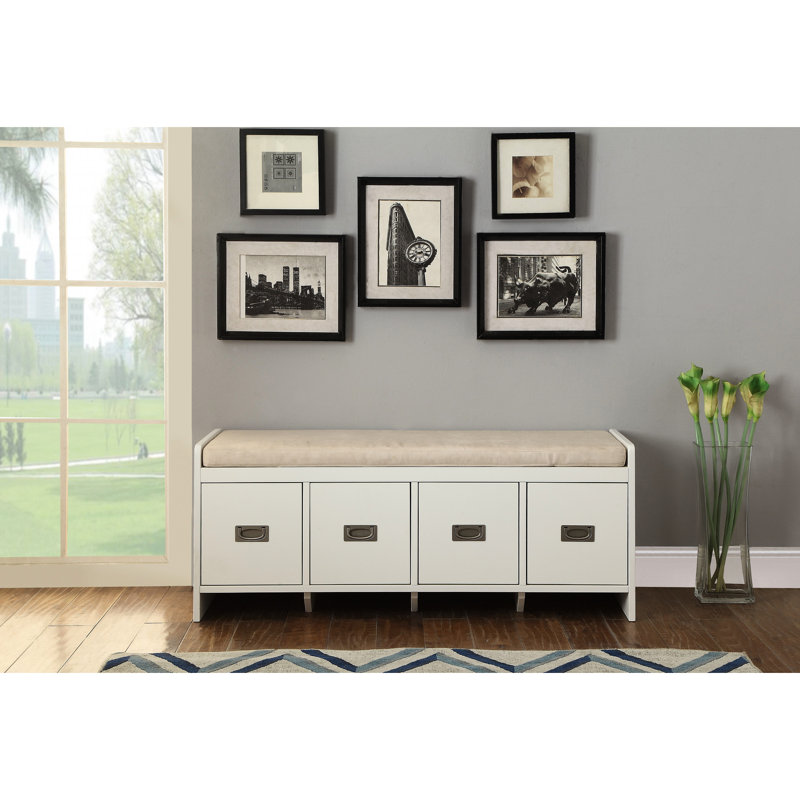 Banc de rangement beige et blanc - 4 tiroirs, siège rembourré confortable, structure en bois moderne avec structure en bois