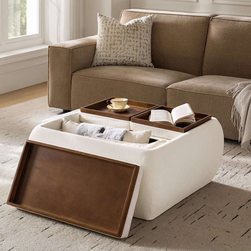 Lessman 37.25"W Mid-Century Modern Chenille Ottoman with Reversible Wood Tray Top and Storage, Ivory