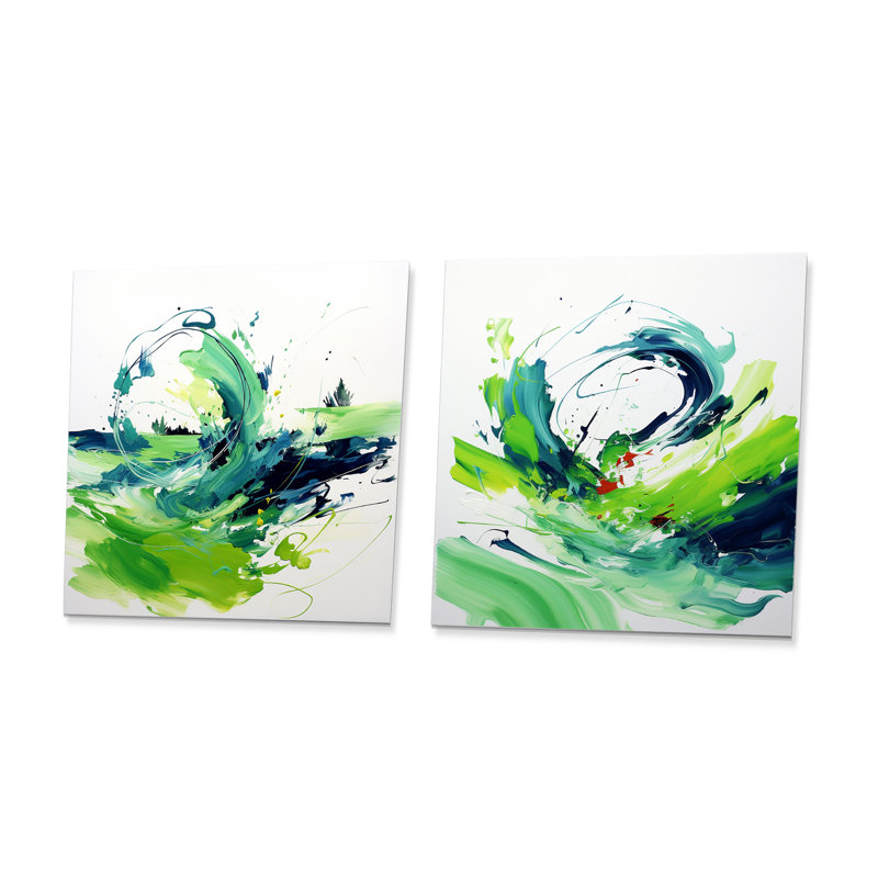 «White and Green Abstract Ink Expression I», ensemble de 2 reproductions d'art sur toile, H 16 po x l 32 po