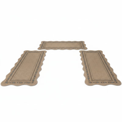 Non-Slip Scalloped Kitchen Rug Set 3 PCS, Washable Low-Profile Jute Mats