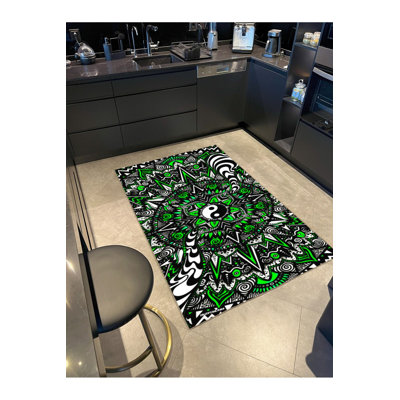 Tapis vert lavable à motif géométrique traditionnel
