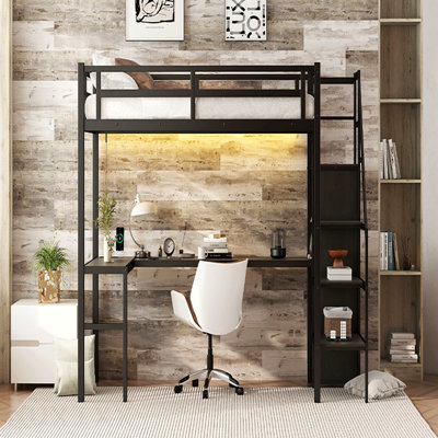 Lit mezzanine simple TG avec bureau en L et USB, lit mezzanine en métal avec garde-robe et tablette réglable, lit mezzanine haut avec DEL pour enfants, adolescents, adultes, noir