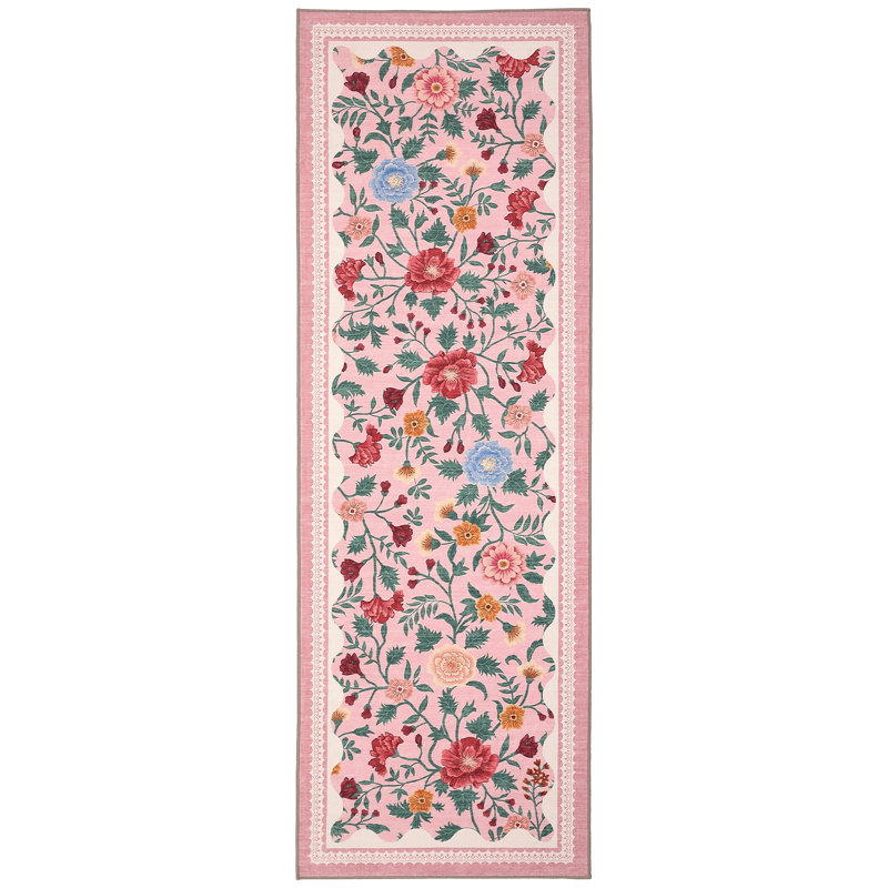 2x6 Floral Kitchen Runner Rug Machine Washable Non-Slip Runners for Hallways Soft Low Pile Lightweight Long Carpet Rugs Farmhouse Indoor Floor Mat for Bedroom, Bathroom Pink