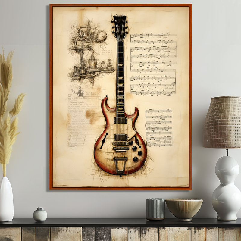 Guitare électrique, Illustration rétro, partition musicale - musique, art mural, Toile avec cadre flottant brun