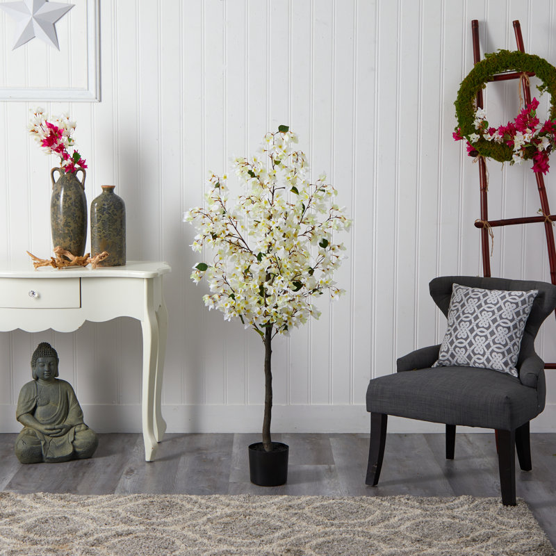 Faux Flowering Tree in Planter, 60" H x 24" W x 12" D, White