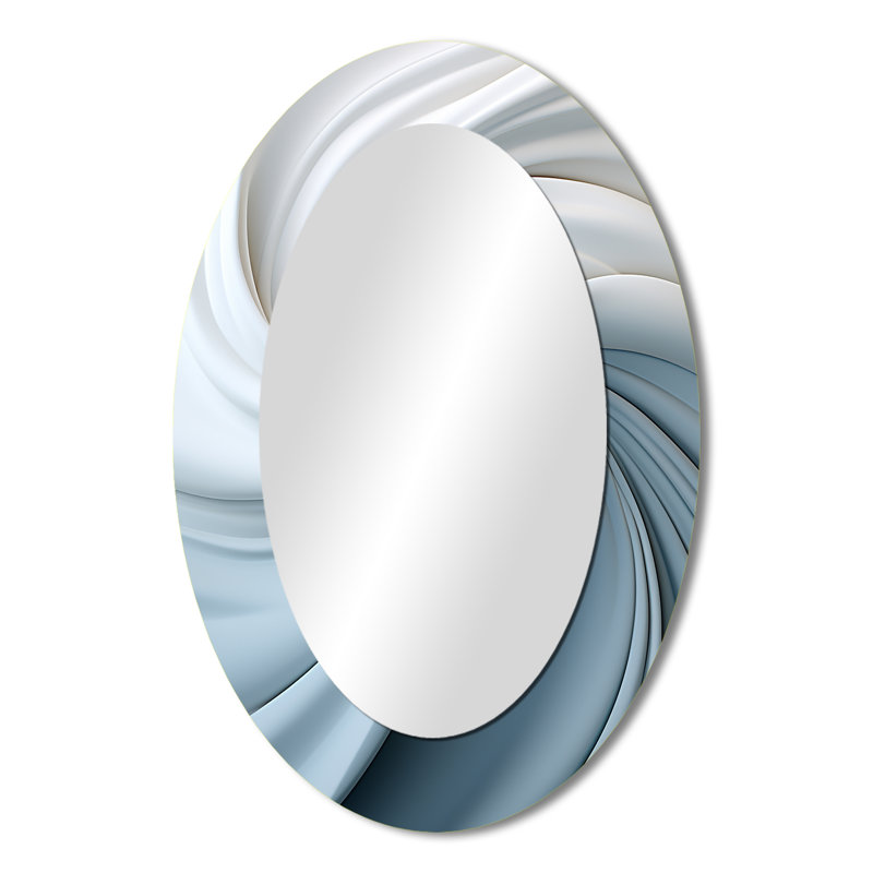 White & Blue Zen Zephyr Spiral II - Large Oval Wall Mirror On Metal, 36" x 24"