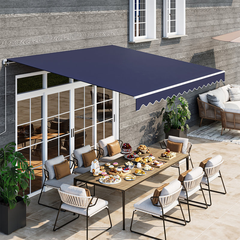 13x10FT Manual Retractable Awning, Full Opening Hand Crank Patio Canopy, Blue, Blue