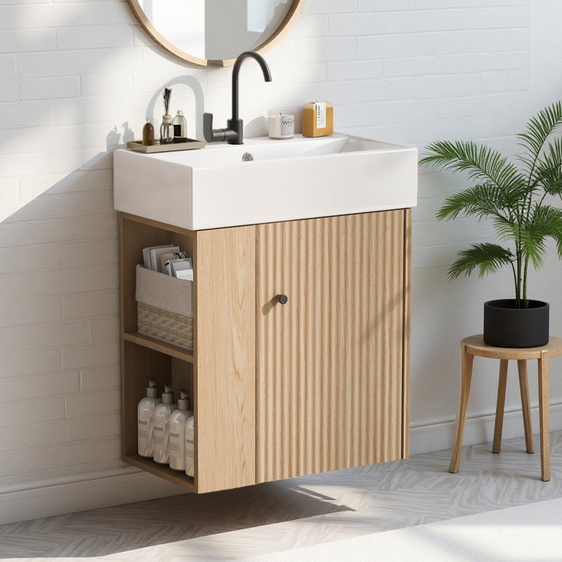 21.6" Modern Floating Single Bathroom Vanity with Ceramic Top and Left Side Storge, Black, Tan