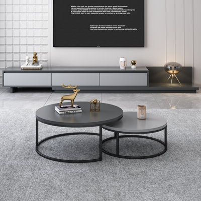 Banvra 2-piece Round Nesting Tables Modern Wood Gray & Black Round Nesting Coffee Table for Living Room