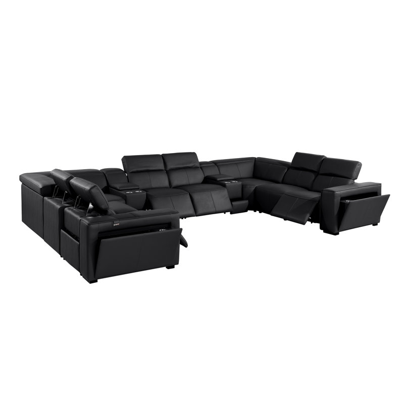 Top Grain Italian Leather 10-Piece U-Shaped Modular Power Reclining Sectional With 4 Power Recliners & Power Headrests
