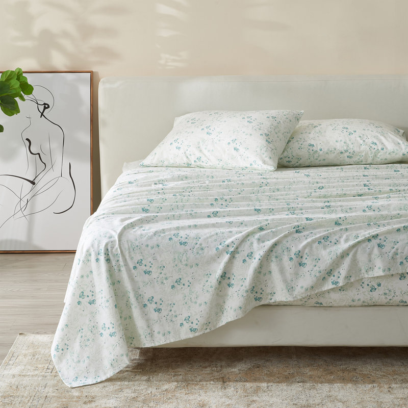 100% Cotton Vintage Floral Printed Flannel Sheet Set, Abstract Floral - Blue, Full Sheet Set + 1 Fitted Sheet + 2 Pillowcases