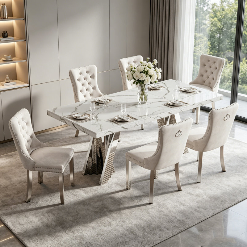 Modern Faux Marble Dining Table Set, Luxury 70.8" Dining Room Table with Velvet Upholstered Chairs, Luxurious Kitchen Table with Lightning Stainless Steel Pedestal, Rectangle Dining Table Set