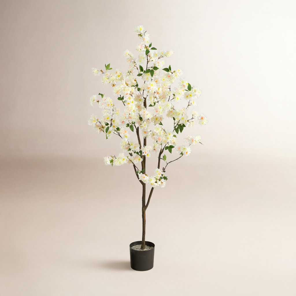 Faux Cherry Blossom Tree in Planter, White, 72" H x 31" W x 10" D
