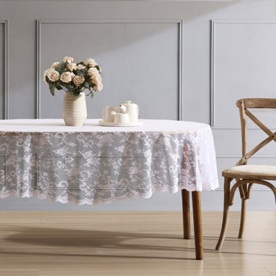 Winston Porter Marlow Floral Lace Fabric Tablecloth, Lace Fabric Table Cloth for Oval Tables, Wrinkle Resistant Tablecloth, Patterned Scalloped Tablecloth (60 W x 84 L)