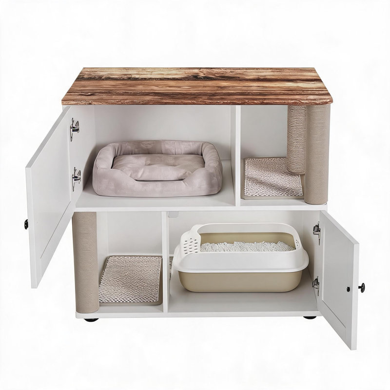 Enceinte de litière pour chat en bois à deux compartiments pour 2 chats, table de bout de style campagnard moderne avec 2 tapis à gratter et 2 poteaux à griffer, cabinet de toilette pour animaux ventilé