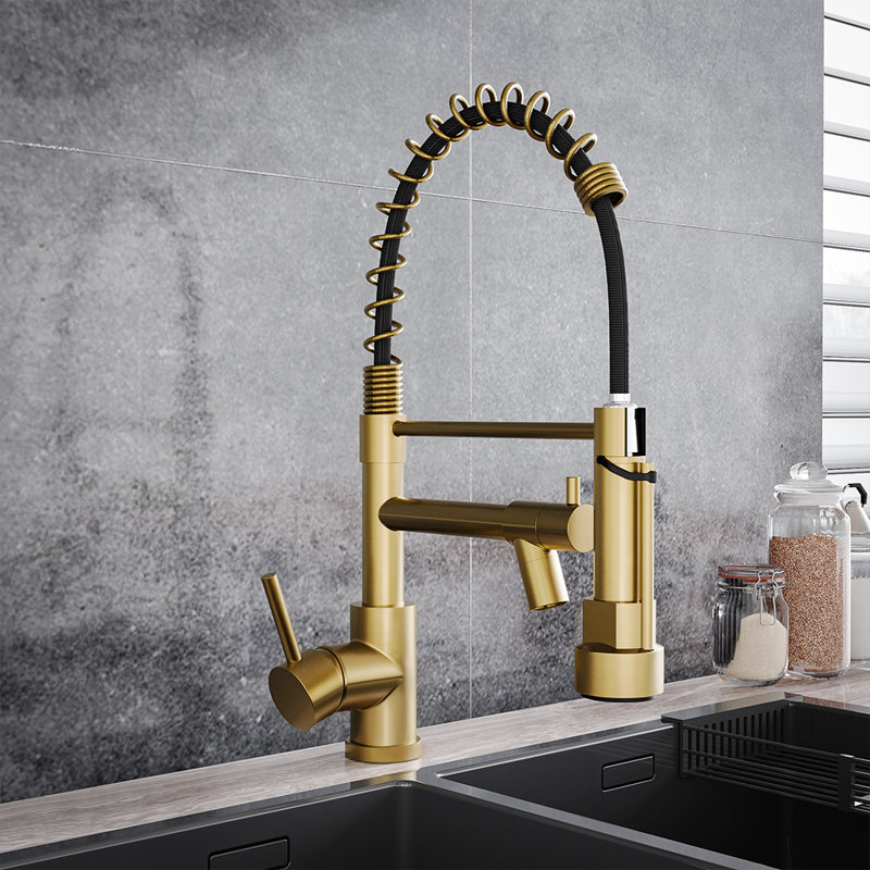 Belfry Kitchen Lippencott Pull Down Kitchen Faucet, Brushed Gold