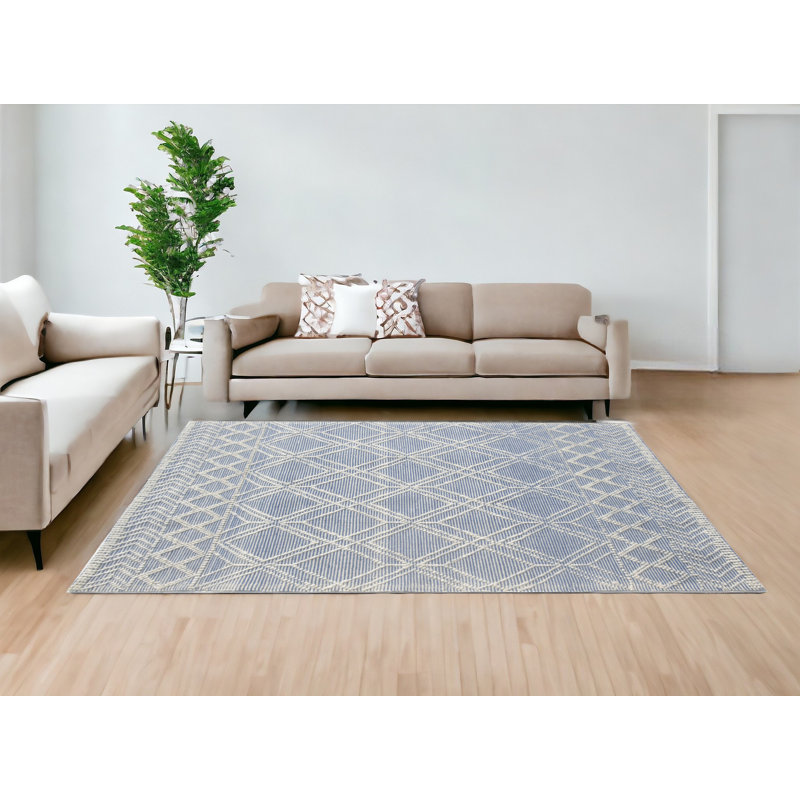 Tapis bleu ivoire à motif géométrique tribal, Rectangle 9 pi x 13 pi