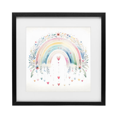 Rainbow with Hanging Hearts Framed Print Under Glass, design by Creative Studio