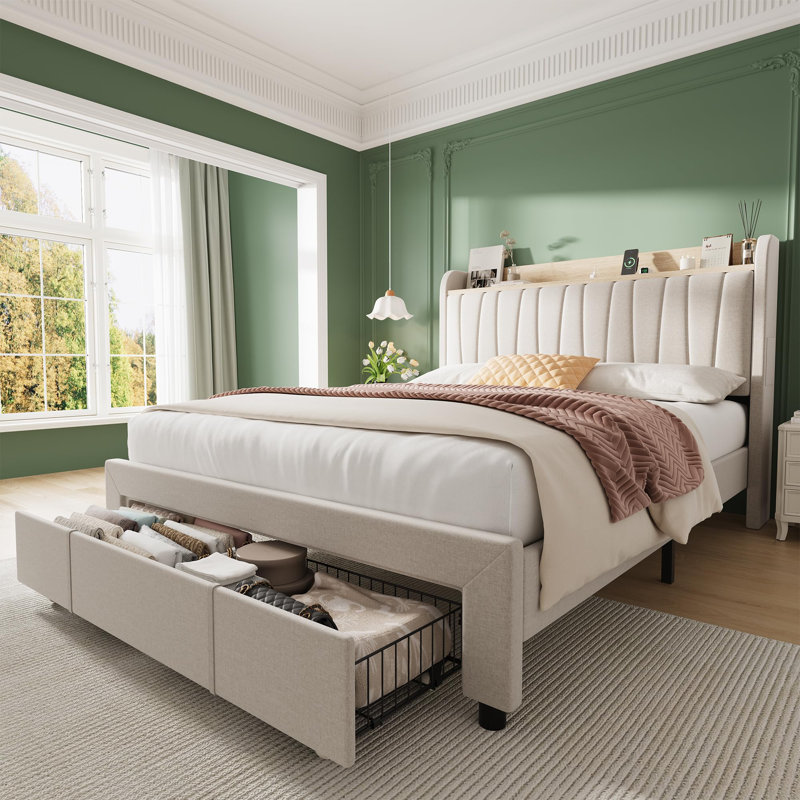 Queen Size Upholstered Bed Frame with Storage Headboard and Charging Station, Platform Bed Frame with Drawers, Beige, Queen