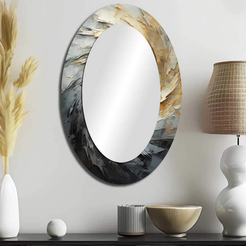 Collage en spirale abstrait doré et blanc - grand miroir mural ovale sur métal, 36 po x 24 po