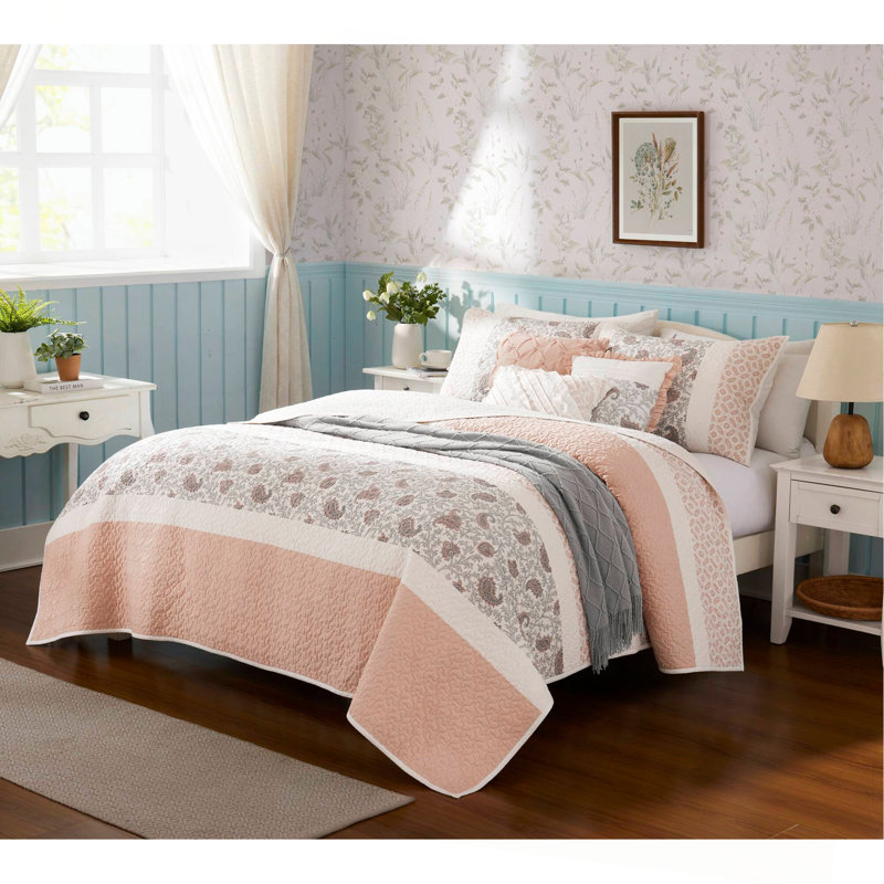 Ensemble de courtepointe en percale de coton 6 pièces avec coussins décoratifs, King Quilt + 5 Additional Pieces, Rosé