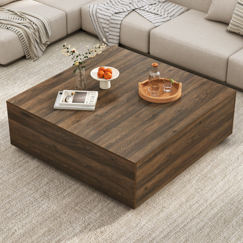 Table basse moderne carrée 47 po avec 2 tiroirs, grande table centrale carrée, table basse en bois pour le salon, Noyer