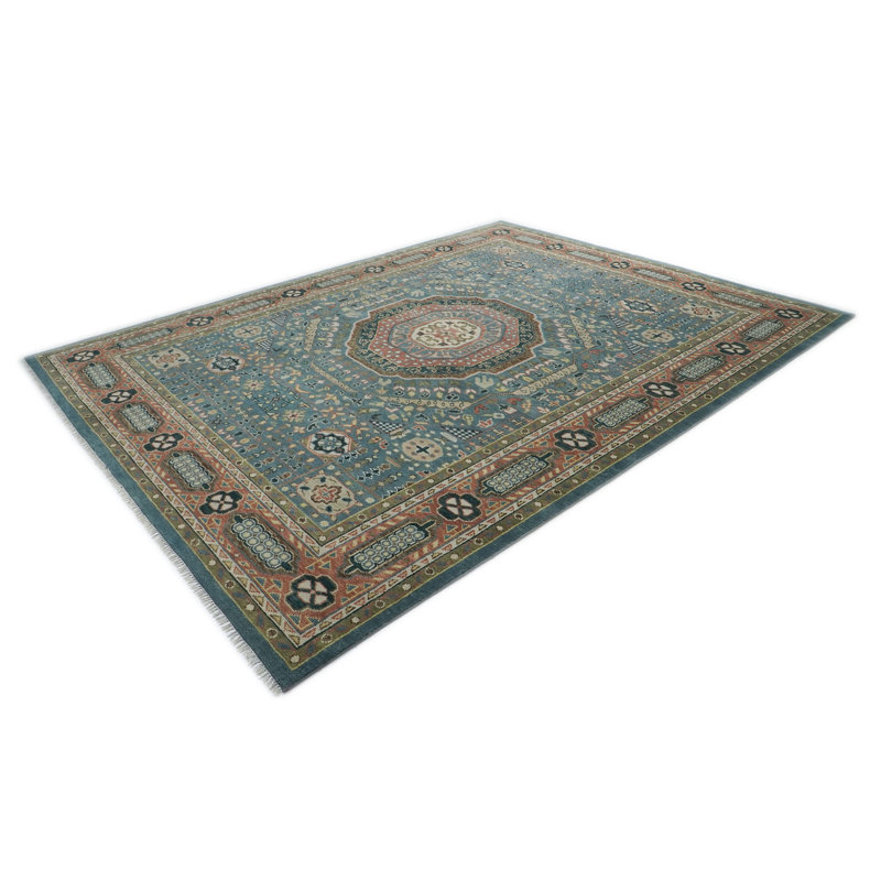 Tapis traditionnel bleu en laine noué à la main 11 pi 10 po x 15 pi 1 po Rose Oushak