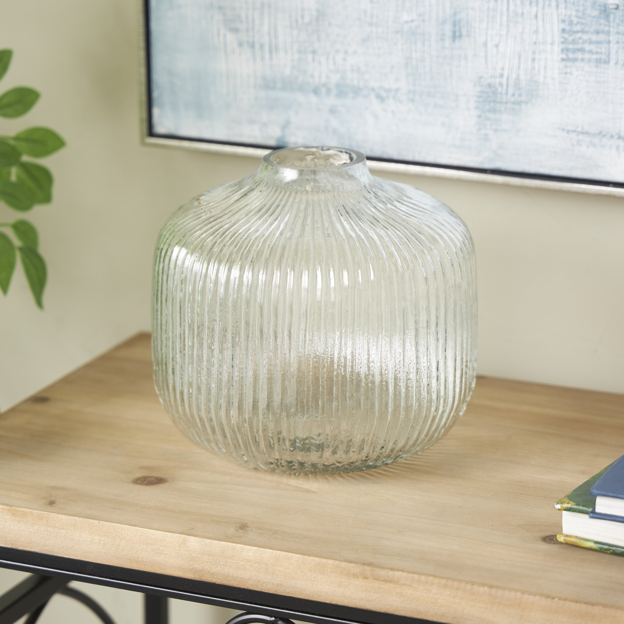 Perry Glass Short Round Ribbed Vase, 10.65" H x 10.15" W x 10.15" D