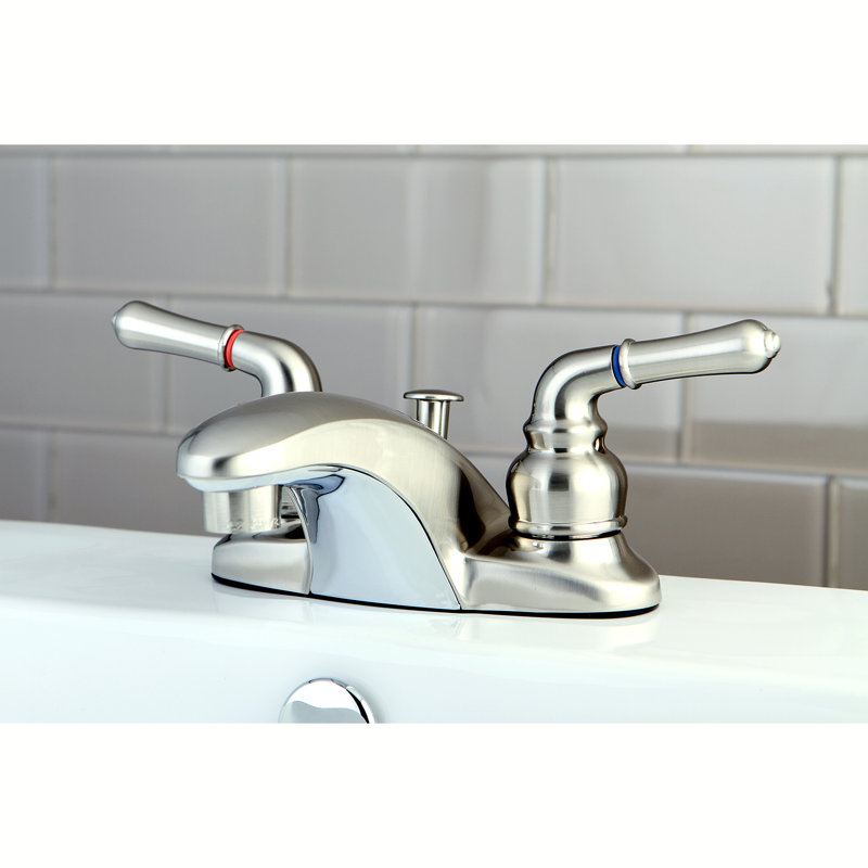 Kingston Brass Magellan Two-Handle 3-Hole Deck Mount 4" Centerset Bathroom Faucet with Plastic Pop-Up, Brushed Nickel