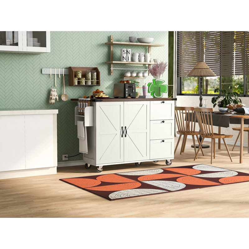 Îlot de cuisine de 54,5 po avec prise de courant, îlot de rangement avec support de rangement interne, abattant, support à épices, chariot de cuisine sur roulettes, pour la maison, la cuisine et la salle à manger
