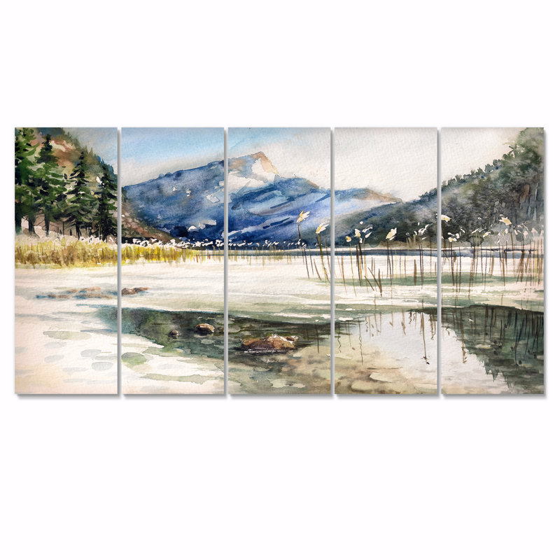 Lac avec paysage de montagne - impression d'art sur toile - 60 x 28 - 5 panneaux