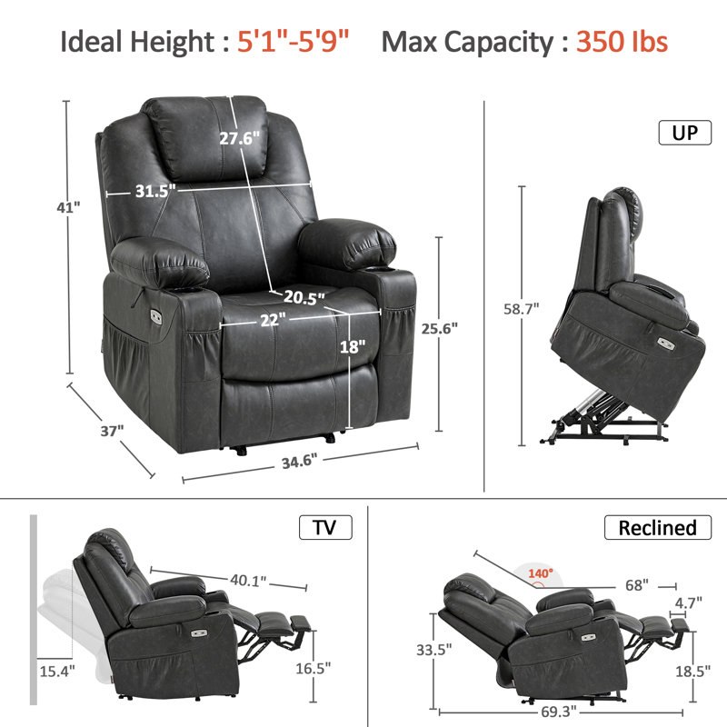 87.9cm Wide Lift Assist Standard Recliner with Massager, Grey
