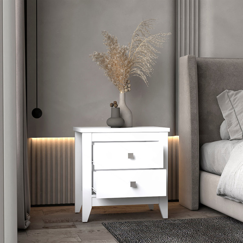 Table de chevet moderne à quatre pieds Breeze, avec deux tiroirs, Blanc
