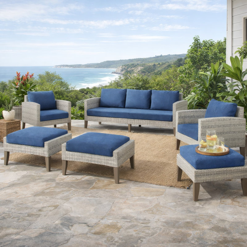 Ensemble de canapé d'extérieur 5 pièces Azy avec tabourets et chaises Azy, Bleu