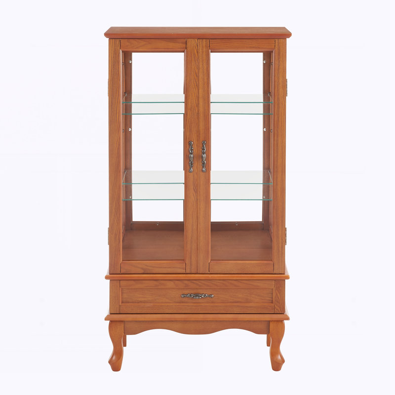 Vitrine Curio avec tablettes réglables en verre, Chêne