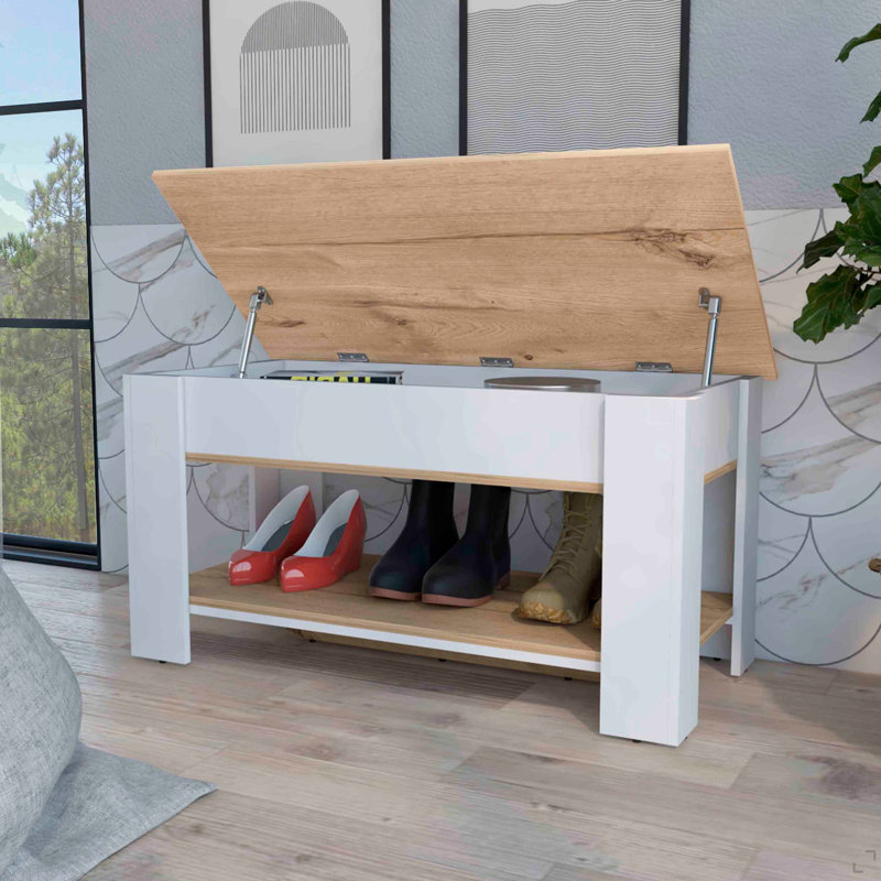 Banc, plateau relevable et panneau inférieur, Blanc / Chêne