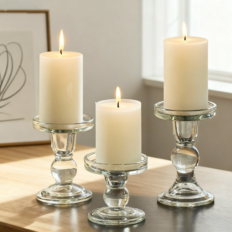 3-Piece Glass Candle Holder Set For Pillar And Taper Candles, Clear Candle Stand For Home Decor And Centerpieces