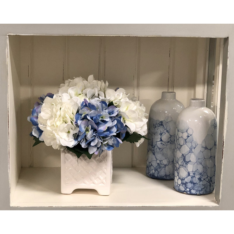 Mixed Hydrangeas In White Woven Planter, Blue and White