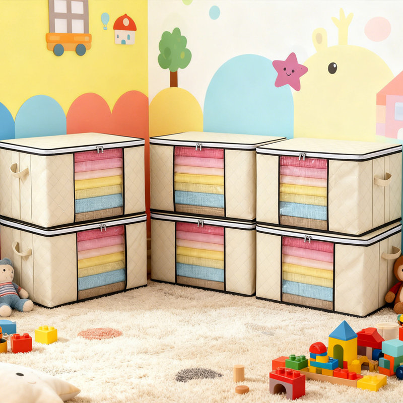 Organisateur 6 pièces en tissu pliable 90L avec fenêtre transparente et poignées doubles pour vêtements, literie et jouets, beige